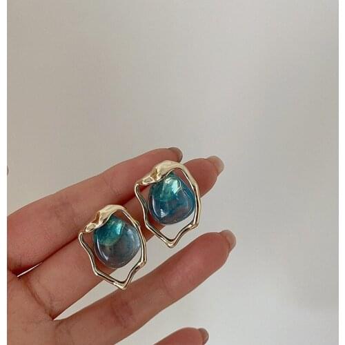 U-Magical Creative Irregular Blue Resin Geometric Dangle Earrings for Women Gold Color Metal Hollow Earrings Jewelry Pendientes