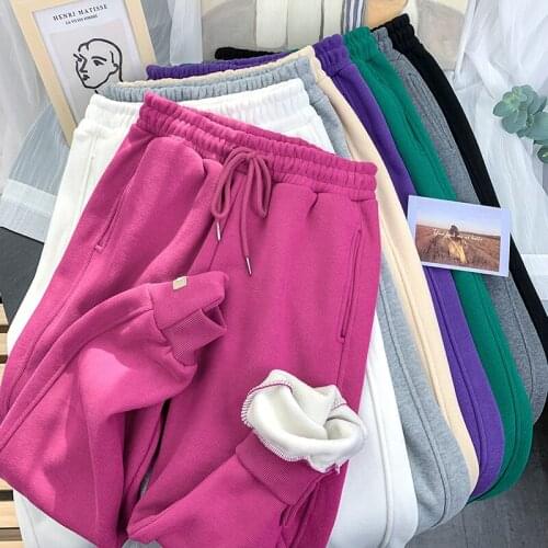High waist Plus velvet Thicken Sportswear Harem Pants Women Fall/winter Stretch waist Casual Pants Candy color Female Trousers