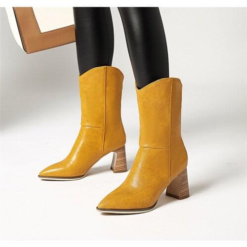 YMECHIC Fashion Pointed Toe High Heel Winter Boots Mid Long Blue Red Yellow Womens Shoes Slip on Riding Cowboy Boots for Women