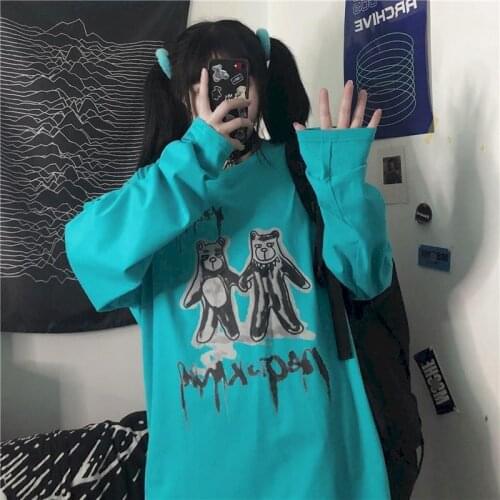 2021 Womens Long-sleeved T-shirt 100% Cotton Autumn Loose Females Top New Harajuku Style Ins Korean Version Retro Bear Print