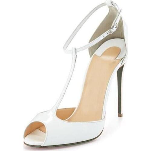 Moraima Snc White Patent Leather Ankle T Strap Sandal Stiletto Heel Pumps Summer Peep Toe Women Sexy Shoes Party Heels