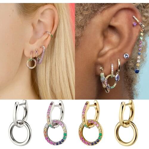 New Design Rainbow CZ Zircon Double Circle Earrings for Women Elegant Small Round Hoop Earrings Female Huggie Jewelry Gift