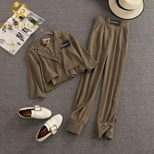 New 2021 Temperament Single Botton Short Blazers Jacket Woman Set + High Waist Harem Pants 2 Piece Set Autumn Office Lady