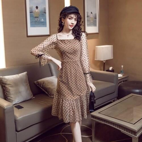 Modis Streetwear Fall Clothes for Ladies Mesh Patchwork Lantern Sleeve Polka Dot Dress Women Slim Midi Autumn Dress Plus Size