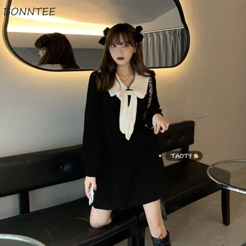 Dress Women Corduroy Korean Trendy Bow Elegant Vintage Daily Female All-match Chic Patchwork Retro College Popular Vestido Charm