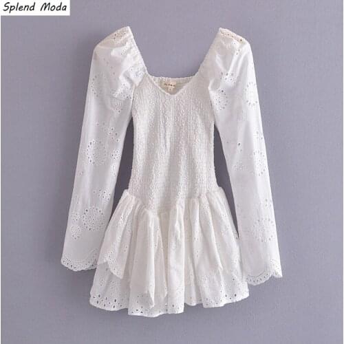 2021 Vintage Autumn New V-Neck Embroidery Puff Sleeves Irregular Ruffled Elastic Waist Women Dress Solid Color Vestido Female