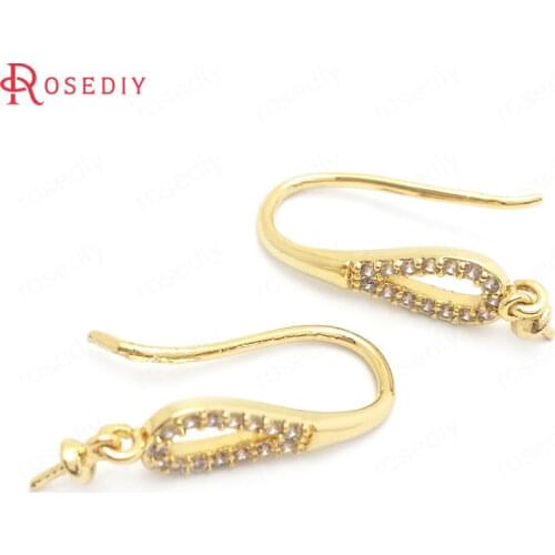 37855)6PCS Height 21MM 24K Gold Color Brass and Zircon with Half Pin Beads Caps Earrings Hooks Jewelry Making Supplies Findings