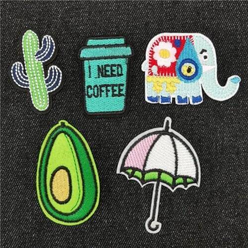 5PCS/LOT Coffee Cup Elephant Cactus Iron on Patch for Clothing Embroidered Applique Cartoon Badges Cute Green Sew On Patches