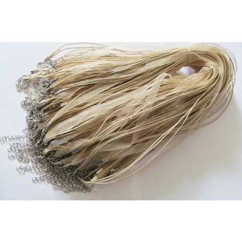 Free Shipping 50pcs 18inch Beige/Khaki Organza Ribbon Wax Cotton Necklace Cord String,Extender Chain,Lobster Clasp,DIY Accessory