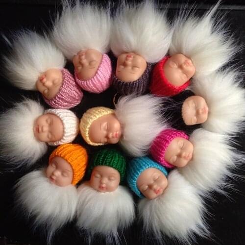 New Cute White Sleeping Baby Keychain Cartoon Baby Keyring Fake Fur Tassel pompons Handmade Crafts Party Gifts