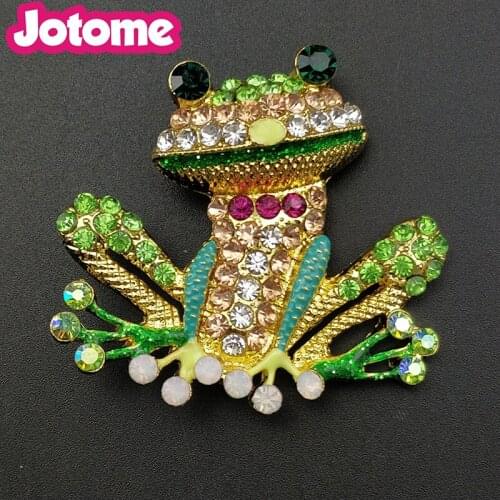 Cute deal vintage 50mm gold tone green enamel frog crystal animal brooch pins