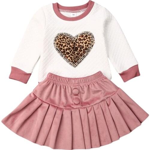 Boutique Girl Clothes Baby Girl Toddler Kids Outfit Long Sleeve Leopard Heart Print Shirt+ Pleated Velvet Skirts Clothes