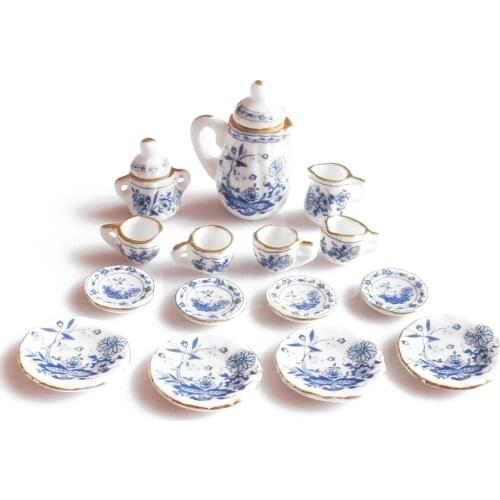 ABWE Best Sale 1/12th Dining Ware China Ceramic Tea Set Dolls House Miniatures Blue Flower