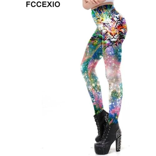 FCCEXIO Pink Galaxy Sexy Leggings Women 3D Lion Printed Workout Legging Fitness Skinny Leggins Elasticity Pants Plus Size