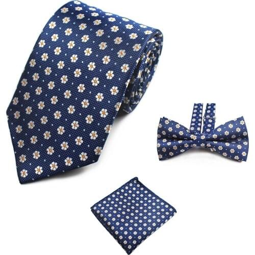 Ricnais Silk 8cm Formal Tie Set Red Navy Jacquare Bow Tie Pocket Square Necktie Sets For Mens Business Wedding Dress Gift Carvat