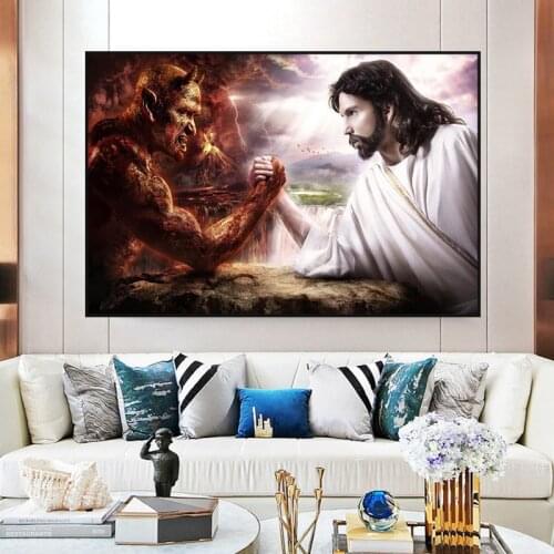 Jesus VS Satan Competition Between Angels and Devils Modern Wall Art Home Decor Canvas Paintings Oil Painting Kitchen Religious