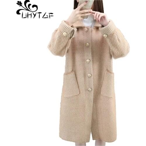 UHYTGF Cardigan For Women Autumn Winter Sweaters Jacket Plaid Imitation Mink Fleece Knitted Female Coat Loose Plus Size Top 1251