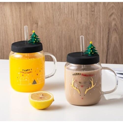 Kawaii Glass Cup With Handle And Straws Milk Coffee Tea Mug For Drinking Cups Christmas Gift Glass Drinkware Mug