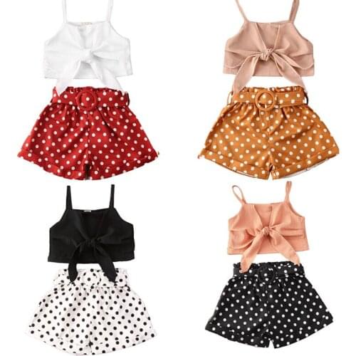 Summer Kids Baby Girls Clothes Sets Solid Color Bowknot Sleeveless Vest+Polka Dot Print Shorts 2Pcs Outfits 1-6Y