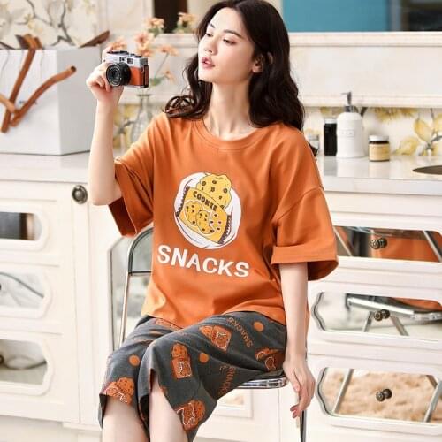 Summer Ladies Round Neck Homewear Pajamas Set Sweet And Cute Five-point Sleeve Cartoon Cotton Soft Korean Loose Casual Sleepwear