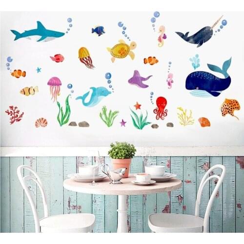 Cartoon Underwater Animal World Wall Stickers Kids Room Bathroom Bedroom Vinyl Wall Decals Removable Murals Wallpaer