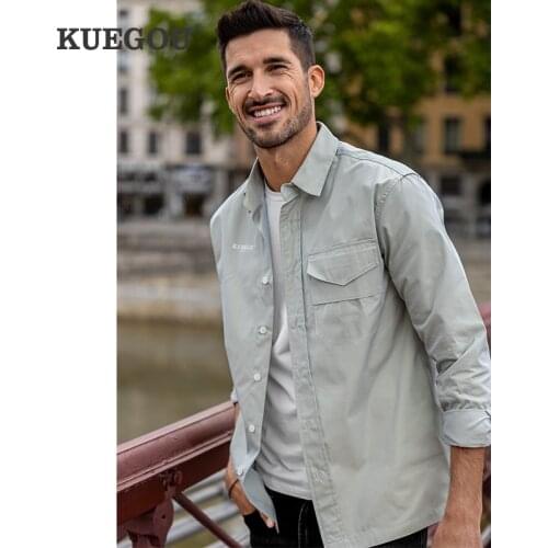 KUEGOU 2021 Spring New Mans Causal Shirts Single Pockets Long-Sleeve Solid Button Down Shirt For Men High Quality Top 6910
