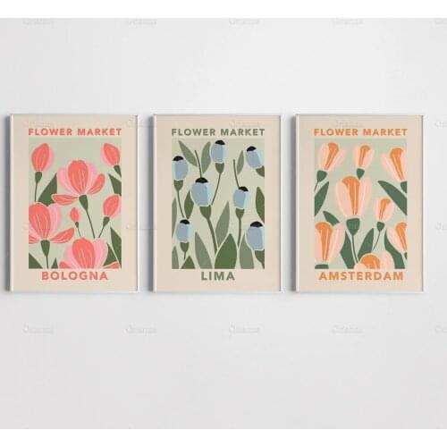 Flower Market Set of 3 Print, Floral Printable Poster, Botanical Print, Flower Wall Art, Illustration Modern Canvas Painting