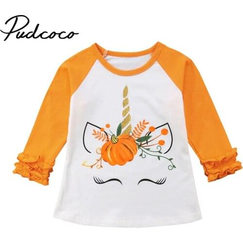 New Toddler Baby Kids For Girl Unicorn Pumpkin Long Sleeve Floral Side Cotton T-shirt Top Clothes