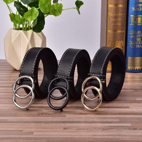 Women Black Big Double Ring Circle Buckle Belt Female Ladies Wide Leather Straps Belts For Jeans Waistband