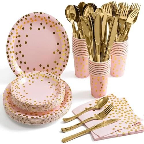 Pink Gold Birthday Party Disposable Tableware Paper Plates Napkins Cups Forks Birthday Baby Shower Wedding Tableware Set Decor