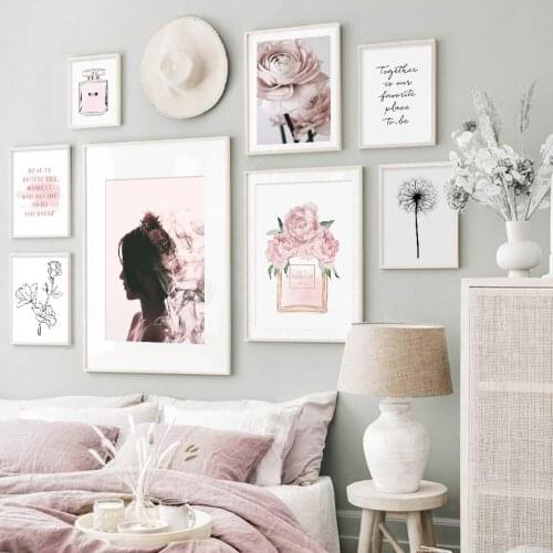 Pink Floral Posters Perfume Beauty Inspirational Quotes Modern Canvas Painting Wall Art Print Picture Bedroom Home Decoration
