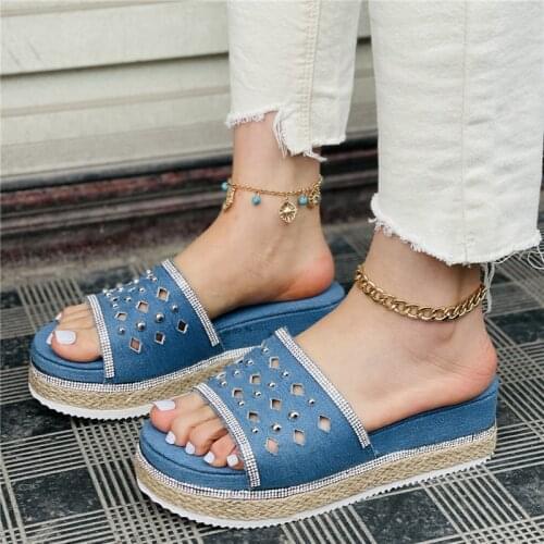 New Fashion Women Summer Sandals Platform Thick Bottom Hemp Rope Slippers Rhinestone Outdoor Flip-Flops Female Beach Slides Shoe