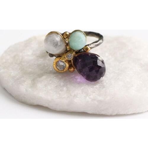 Light Green Purple and White Zircon Gold Plated Womens Silver Ring, Woman 925Silver Zircon Handmade Ring,Colorful Oval Zircon