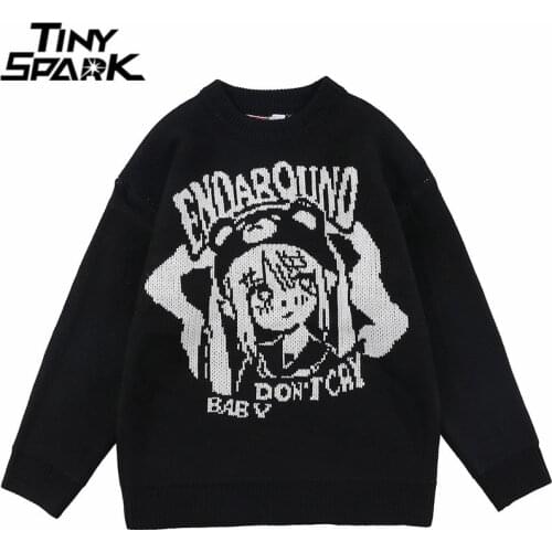 Hip Hop Streetwear Knitted Sweater Anime Girl Letter Print Pullover 2021 Men Autumn Harajuku Cotton Casual Sweater Black Beige