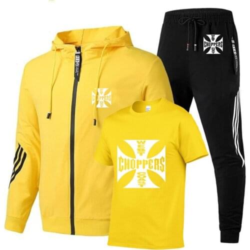 Spring Autumn Mens suits West Coast Printed high quality cotton casual stripe Mens sweatshirt+T-shirt+sports pants 3-piece set