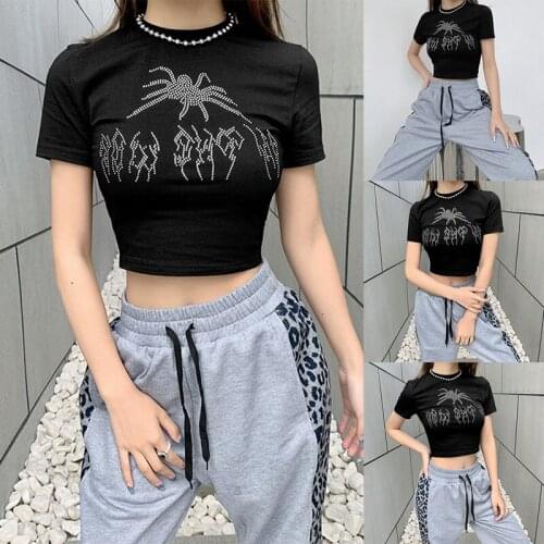 Womens Fashion Short Sleeve Round Neck Solid Color Short Sexy Navel T-Shirt Top Black