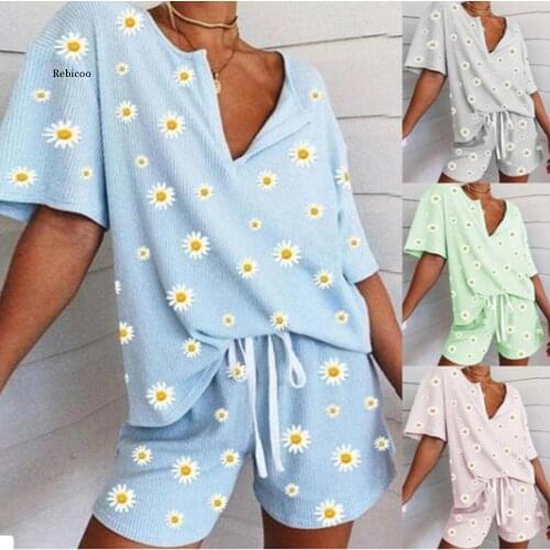 Womens Sleepwear Daisy Floral Print Short Set Pajamas for Women Pajama Set Sweet Short Sleeve t Shirts & Shorts Summer Pijama