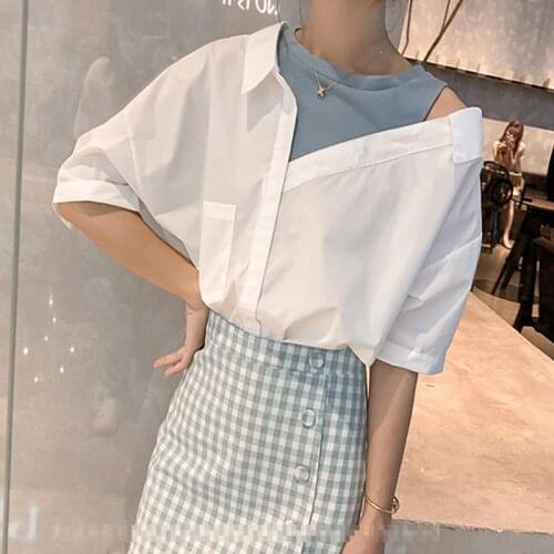 Womens Spring Summer Style Blouses Shirt Womens Patchwork Short Sleeve Solid Color Button Elegant Korean Loose Tops DD8551