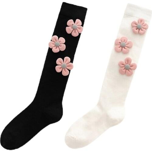 Women Lolita Girls Cotton Knee High Socks Japanese Style Cute 3D Knit Pink Flower School Student Kawaii Long Stockings