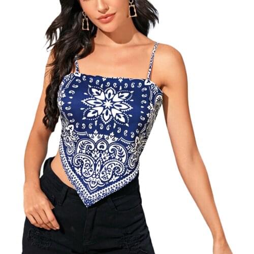 Women Sexy Crop Cami Top, Boho Paisley Print Sleeveless Spaghetti Strap Self Tie Back Camisole