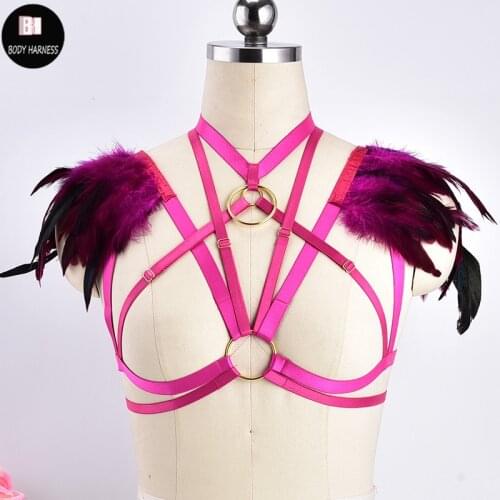 Women Festival Feathers Cage Bra Epaulettes Bondage Body Harness Shoulder Feather Lingerie Burning Man Gothic Tops Angel Wing