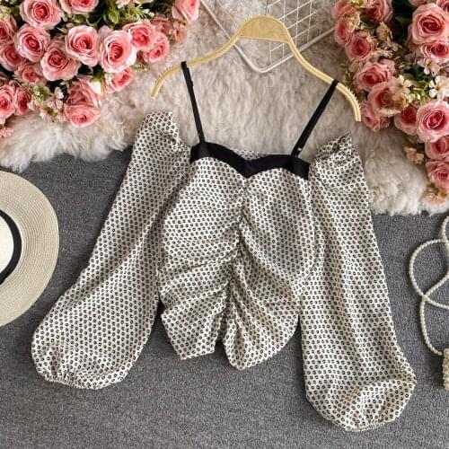 Korean Sexy Crop Top Square Collar Casual Blouses Women Office Ladies Puff Sleeve Fashion New Pleated Loose Print Chiffon Shirt