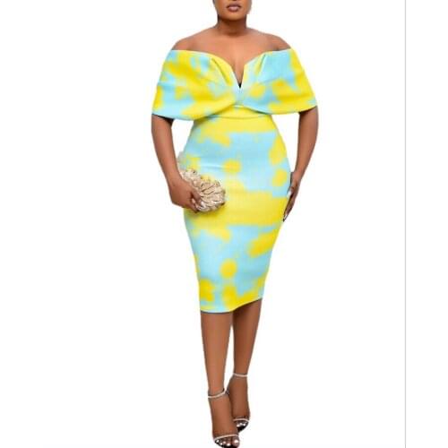 Elegant Women Slash Neck Bodycon Dresses 2021 Summer Latest Cloak Sleeve Tie-dye Printing Knee-Length Plus Size Dress