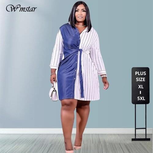 Women Clothing Dress Plus Size 5xl Long Sleeve Patchwork with Belt Striped Print Shirt Mini Dresses Fall Wholesale Dropshipping