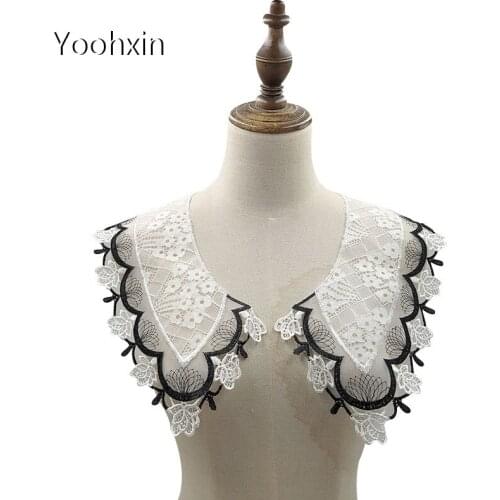 1pair NEW flower white cotton embroidery DIY lace collar Fabric Sewing Applique ribbon trim dress guipure neckline wedding decor