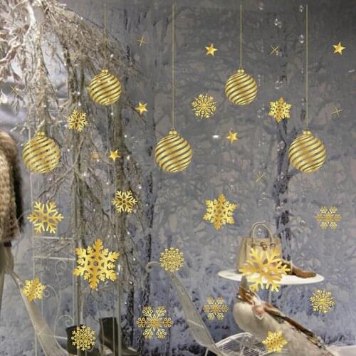 1pc 50*32cm Merry Christmas Shop Window Gold PVC Sticker Xmas Tree Elk Snowflake Glass Decals Mural New Year Party Deco Supplies