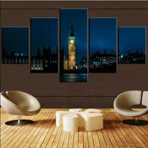 5 Pieces London City Canvas Painting Big Ben Wallpapers Night Landscape Posters England Pictures For Home Room Decor Furniture
