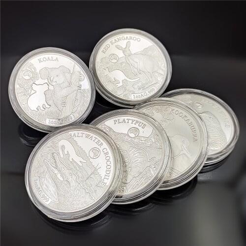 6PCs 2019 Australia Silver Coins Koala Saltwater Crocodie Kangaroo Snake 1 OZ Animal Silver Coin Elizabeth Souvenir Gifts