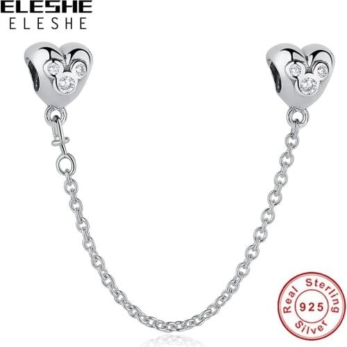925 Sterling Silver Mickey Heart Safety Chain CZ Charms Beads Fit Original Charm Bracelet DIY Jewelry Making