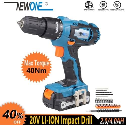NEWONE Electric Power Tool 20V Li-ion Cordless Impact Drill/Screwdrive Rechargeable Drill Max. 40Nm torque with Big Battery